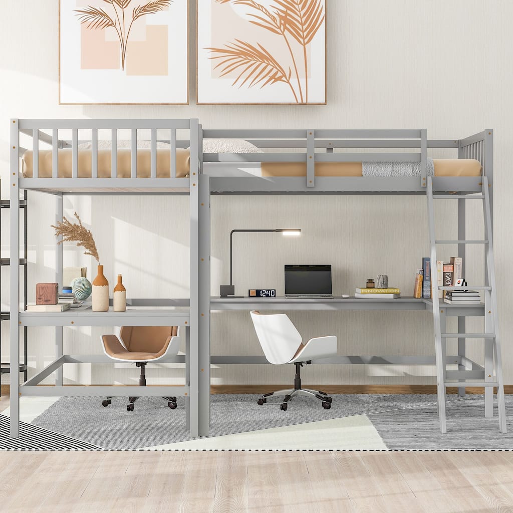 Twin Size L-Shaped Loft Bed with 2 Built-in Desks and 2 Ladders, Wooden Double High Loftbeds Frame for 2, for Kids Teens Bedroom