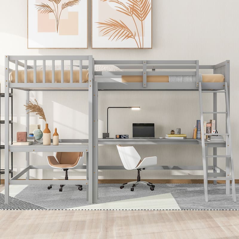 Wood Twin Size L-Shaped Loft Bed w/Ladder, 2 Built-in L-Shaped Desks