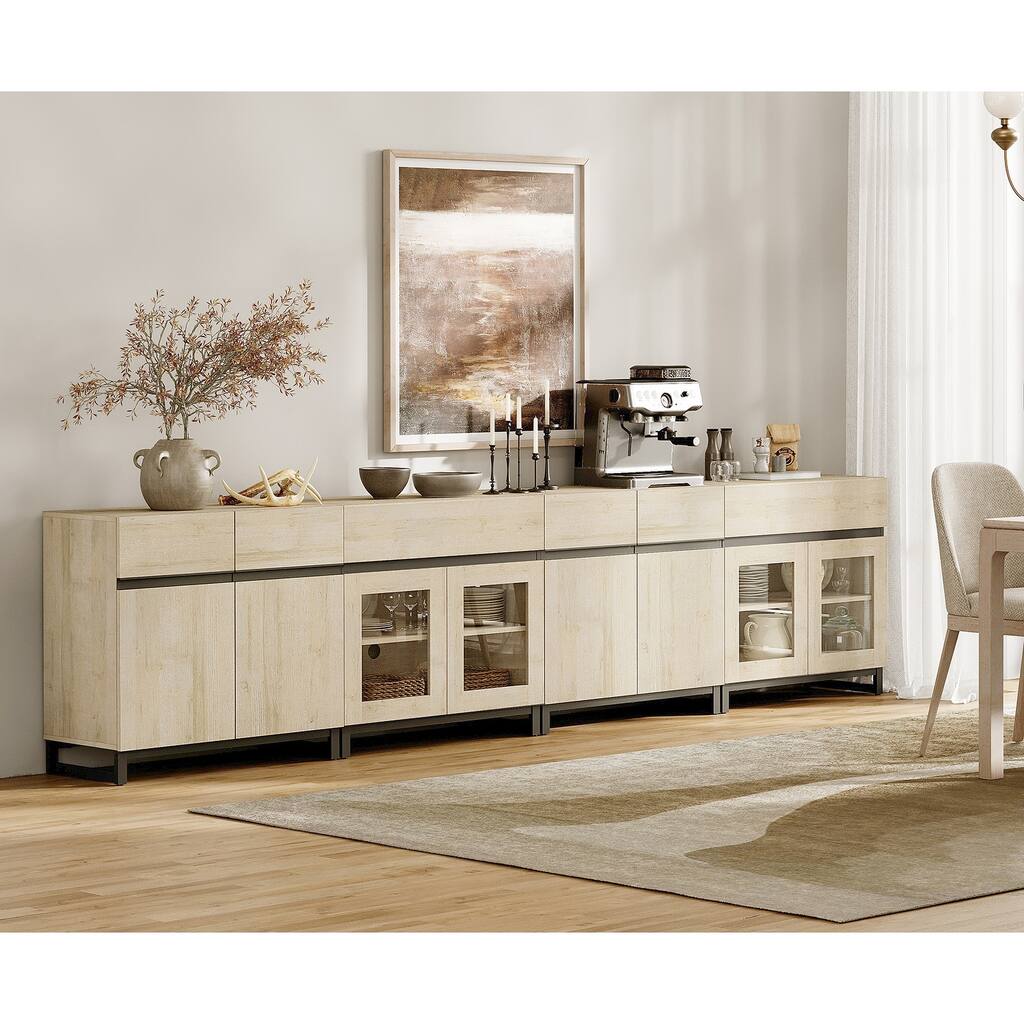 4-in-1 Modern Sideboard Buffet with Glass Doors, 2 Drawers & Metal Base, Adjustable Shelf for Kitchen Coffee Bar Storage