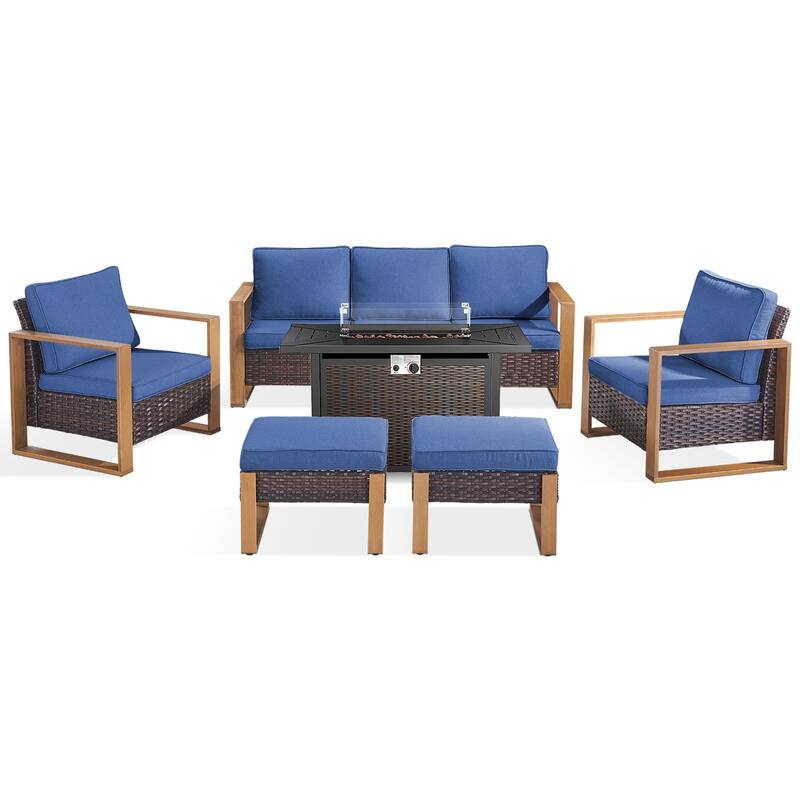 Meyreso Wicker Patio Conversation Set with Metal Fire Pit Table & Olefin Cushions