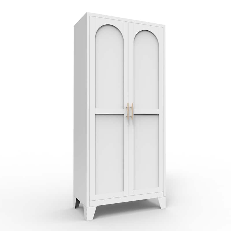 HomeRoots 61" White Stainless Steel Pantry Or Storage Closet With Arched Panel Doors - 27.60 in. x 61.00 in. x 13.80 in.