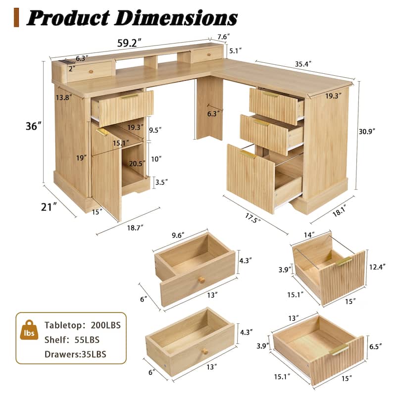 Executive L Shaped Desk Home Office Desk with Charging Station, Corner Computer Desk with Monitor Stand, Drawer, Storage Cabinet