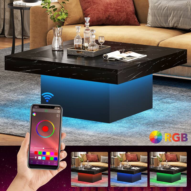 Farmhouse Square LED Coffee Table Engineered Wood Coffee Table for Living Room