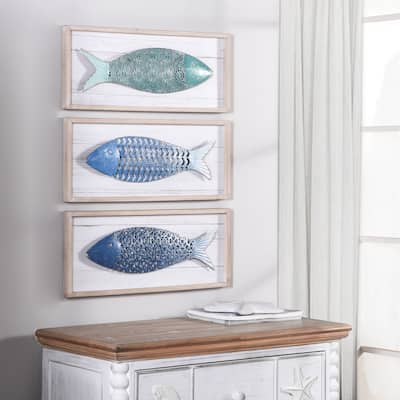 StyleCraft School of Three Blue Metal Fish Wood Panels (Set of 3)
