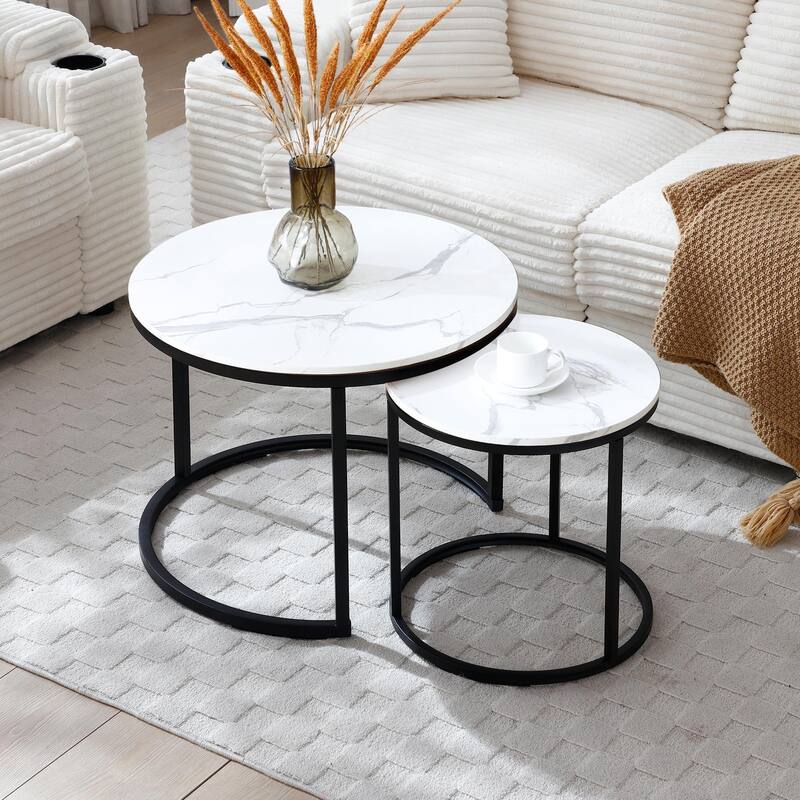 Modern Nesting Tables - Black Marble Round Set, Industrial Style