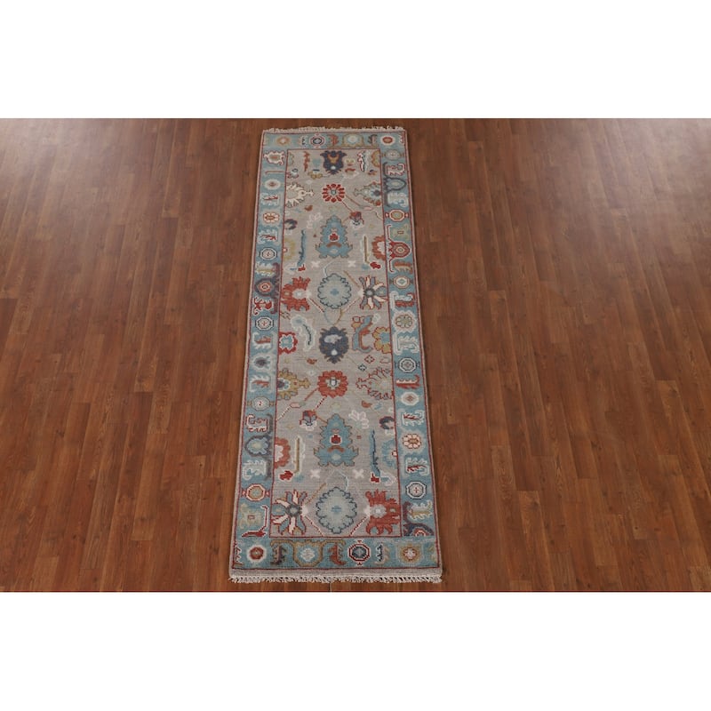 Floral Gray Oushak Oriental Runner Rug Handmade Wool Carpet - 2'7"x 7'11"