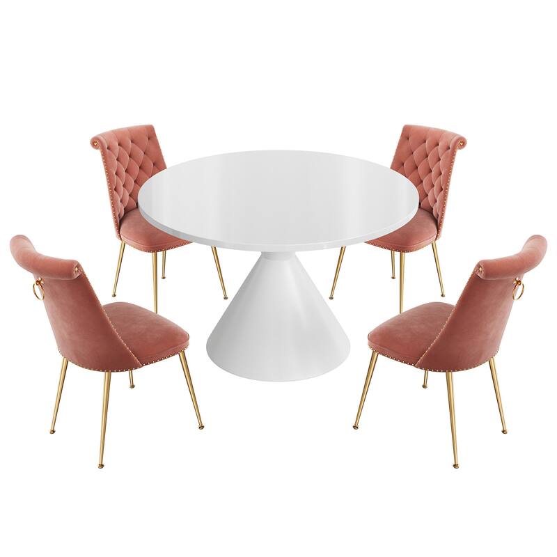 48" Light Luxury White High Gloss Large Countertop Dining Table with Velvet Dining Chair Set - Pecan