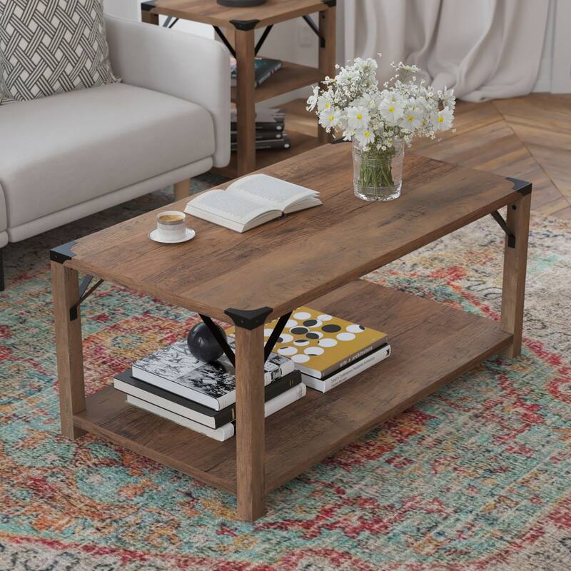 2-Tier Coffee Table with Metal Side Braces and Corner Caps