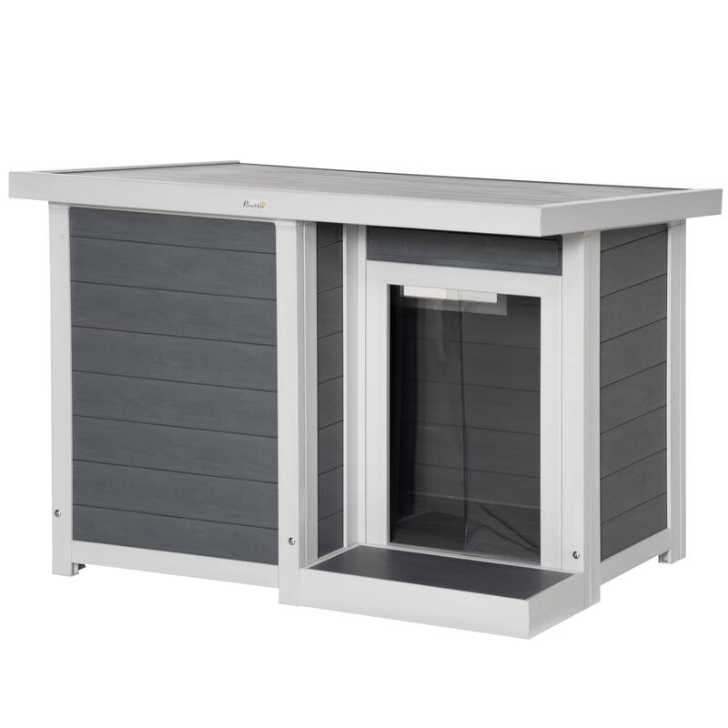 PawHut Outdoor Dog Kennel House with Porch and Hinged Roof, Medium Size, Gray - Grey