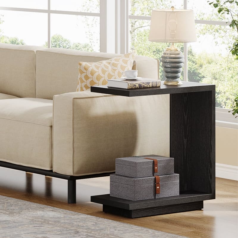 C-shaped Side Table Set Of 2, 2-tier Narrow End Table Wood Nightstand