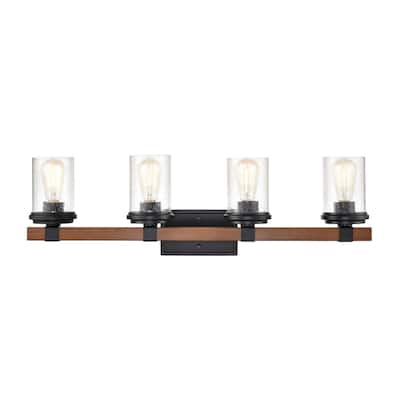 Millennium Lighting Taos 4 Bathroom Vanity Light in Matte Black/Wood Grain with Seeded Glass shades