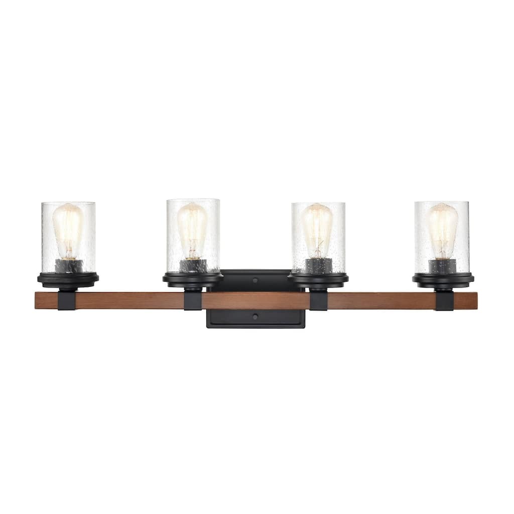 Millennium Lighting Taos 4 Bathroom Vanity Light in Matte Black/Wood Grain with Seeded Glass shades