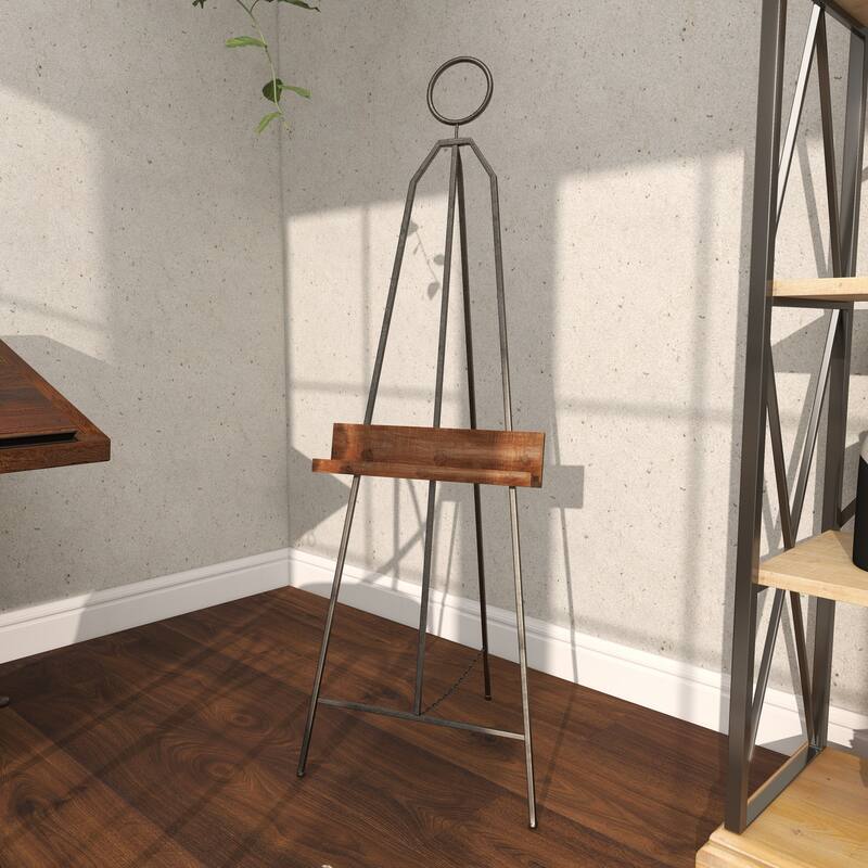 Black Metal Large Adjustable Display Easel with Chain Support and Wood Tray