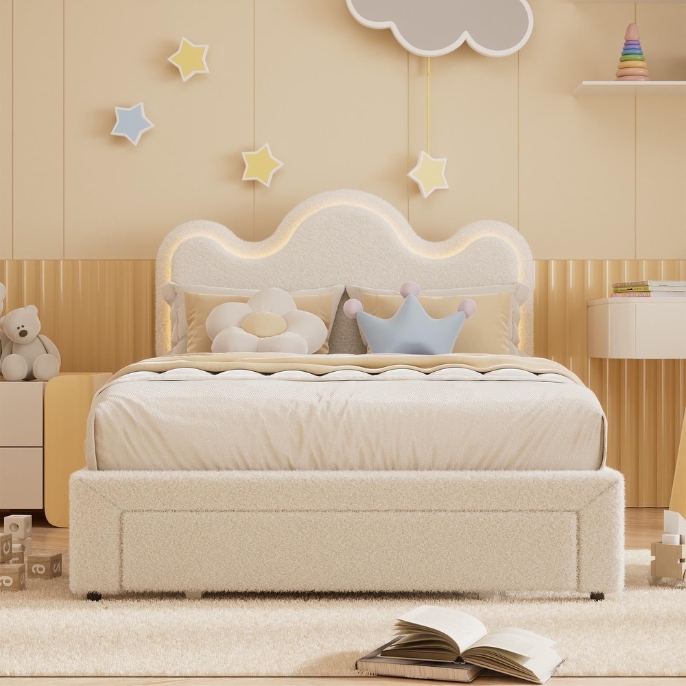 Upholstered LED Bed Frame, with Storage Drawer, No Box Spring Needed