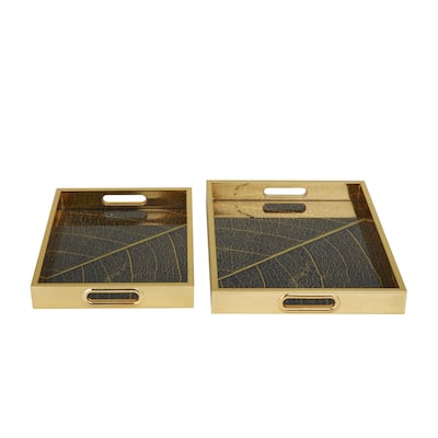 Plastic Geometric Living Room Decor Tray with Black Glass - Set of 2 Gold - Roche River Decor