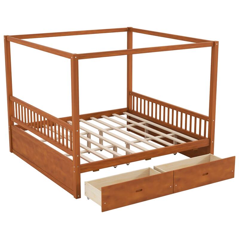 Roomfitters Queen/King Wooden Canopy Bed with 2 Storage Drawers, Solid Wood Frame, Walnut