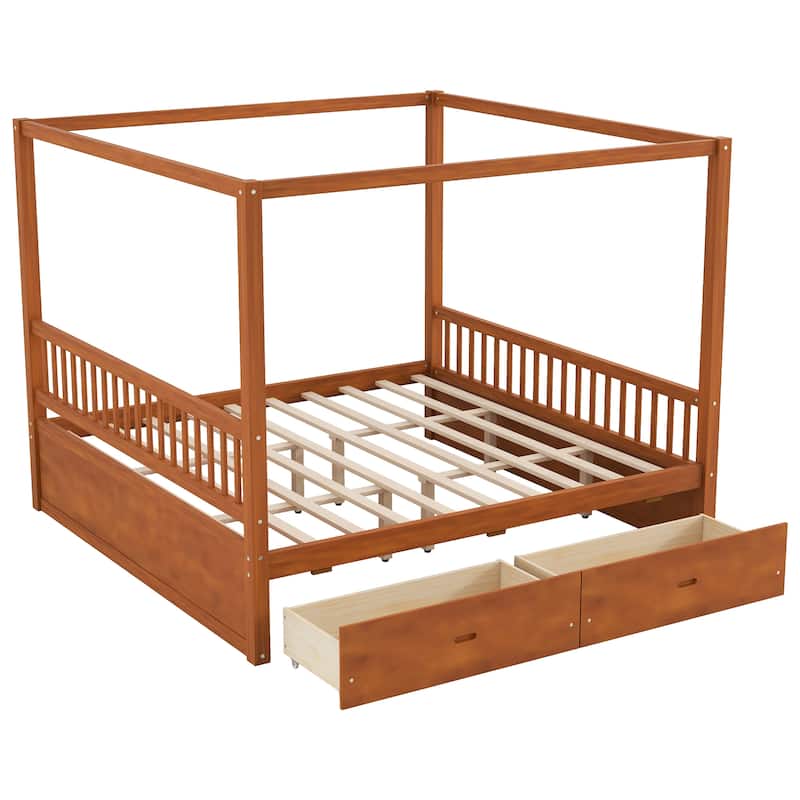 Wooden Canopy Bed Frame with Storage Drawers, Modern Poster Bed, Available in Queen or King