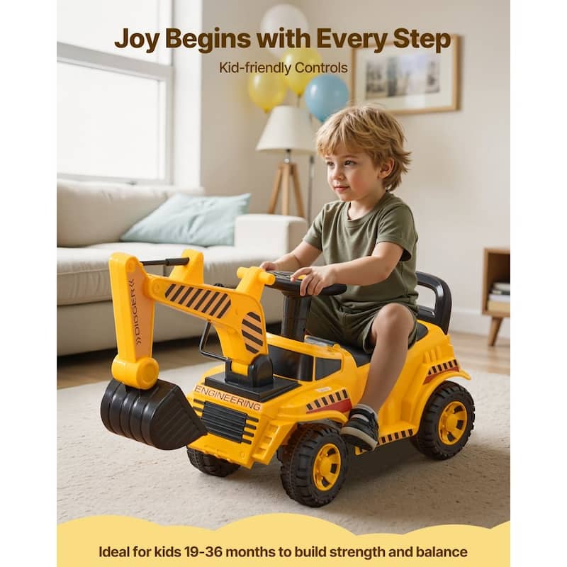 Toddler Ride-On Excavator Car with Helmet and Music, Yellow - 42.1 x 11.4 x 21.3 in
