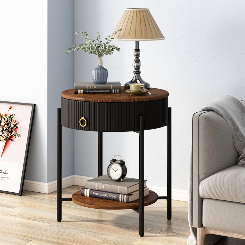 Myhozm Modern End Table with Storage Drawer, Round Nightstand with Metal Legs for Living Room, Bedroom, Office - Brown/Black