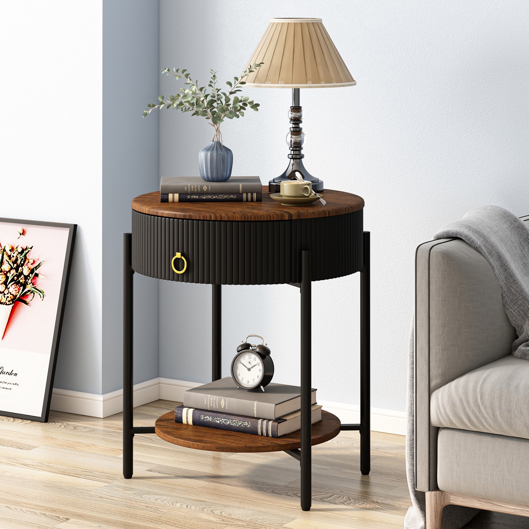 Myhozm Modern End Table with Storage Drawer, Round