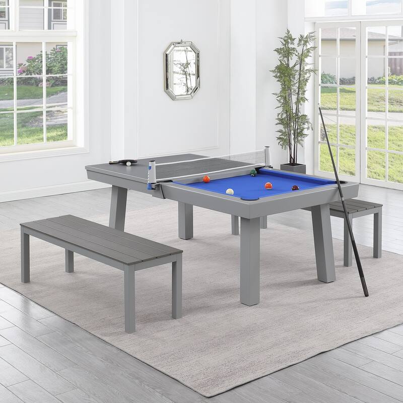Laguna Indoor/Outdoor 8ft Slate Pool Table Dining Set with 2 Benches & Accessories, Cement Finish - Grey/Blue