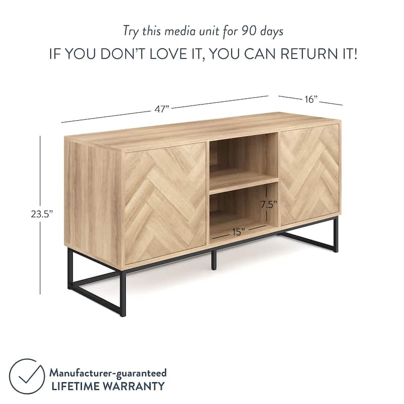 Nathan James Dylan Media Console Cabinet TV Stand with Hidden Storage Herringbone Pattern Wood Metal - 47 inches in width