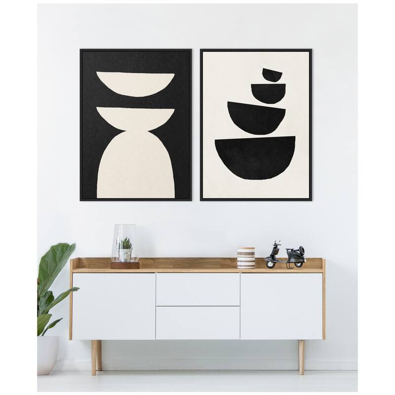 Kate and Laurel Sylvie White Geometric Abstract and Black Geometric Abstract Framed Canvas Art Set by July Art Prints