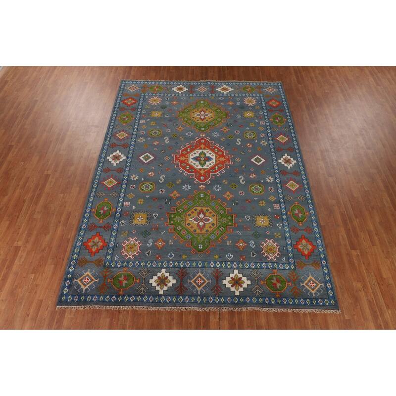 Blue Geometric Kazak Oriental Area Rug Hand-Knotted Wool Carpet - 9'3" x 11'7"