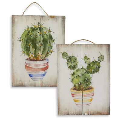 2-Pack Small Wooden Wall Ornament Hanging Decorations Cactus Design Home Décor