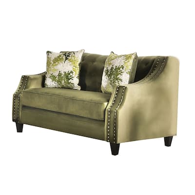 Microfiber And Wooden Love Seat with Button Tufted Design in Green