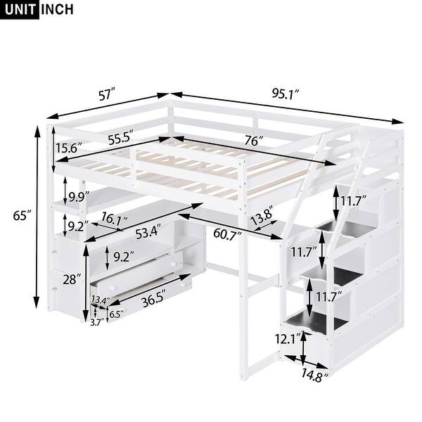 dimension image slide 1 of 4, Wood Loft Bed with Desk, Shelves, 2 Built-in Drawers and Storage Staircase