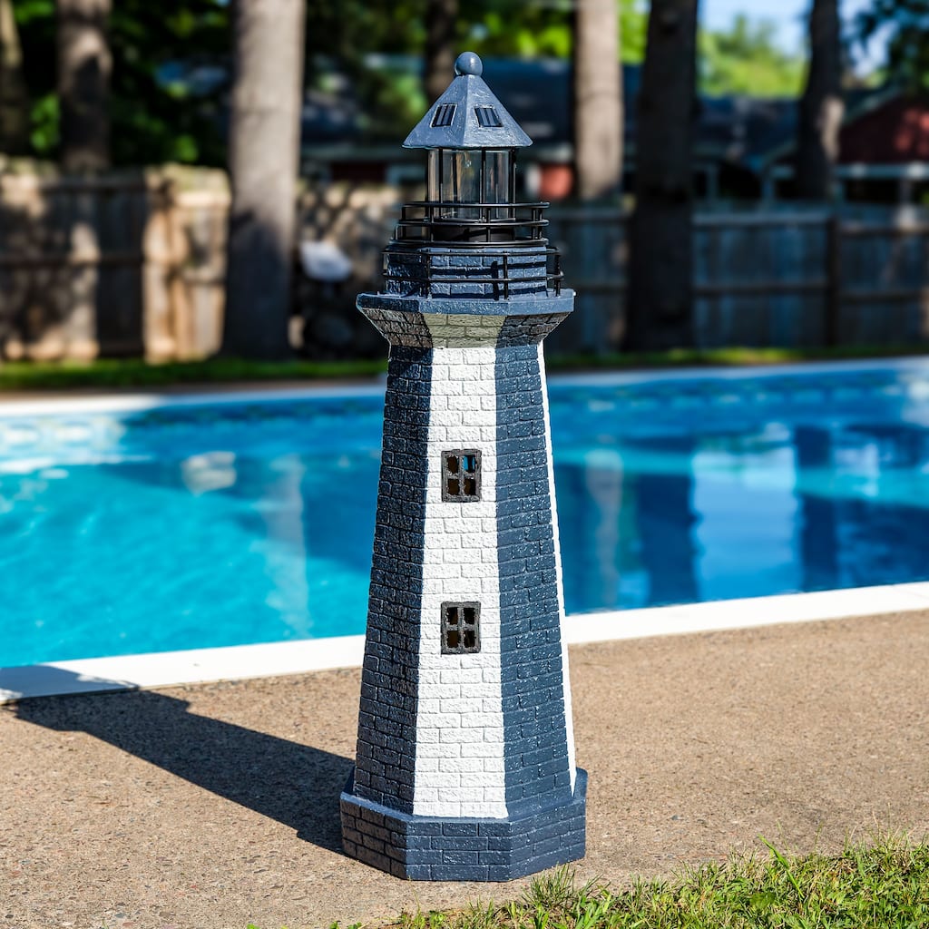 Sunnydaze Solar Striped LED Lighthouse Outdoor Decor - 36" - Blue