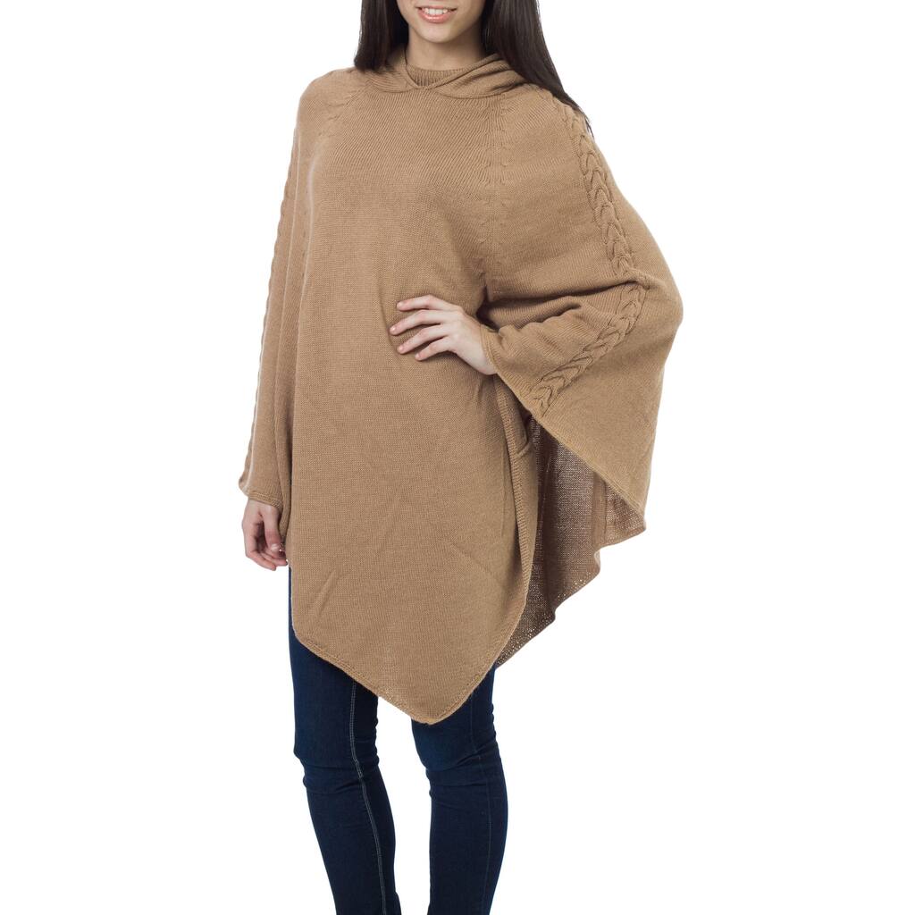 Tan Riding Hood Alpaca Wool Poncho - 46" x 37"