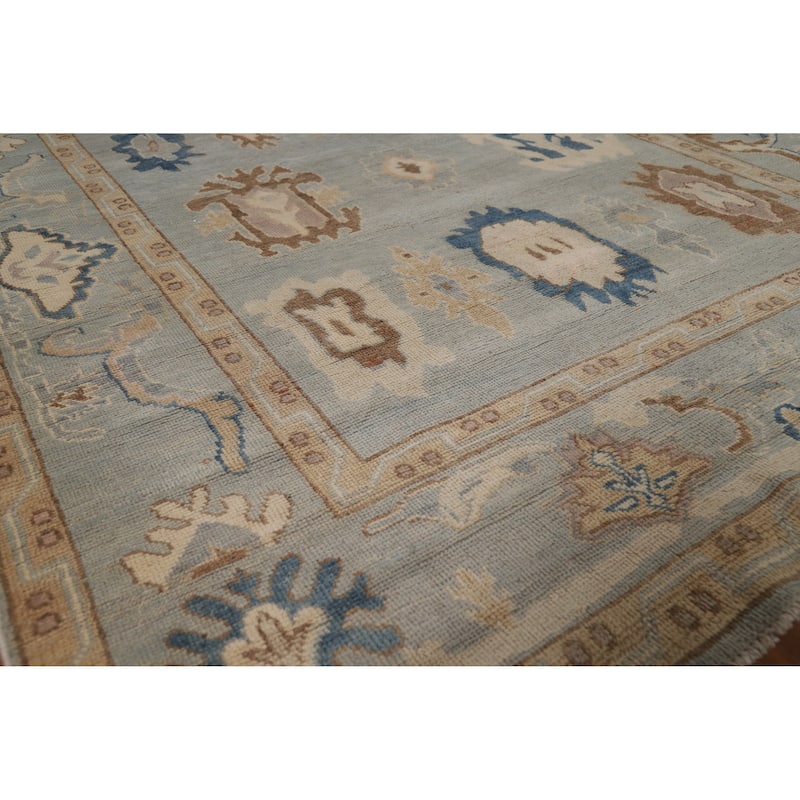 Geometric Blue Vegetable Dye Oushak Turkish Hand-Knotted Wool Carpet - 5'5"x 7'7" - 5'5"x 7'7" - Blue