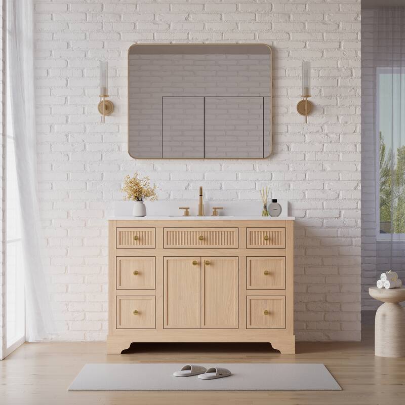 35''H Bath Solid Wood Vanity with Stain-resistant Carrera White Quartz Top And Single Sink