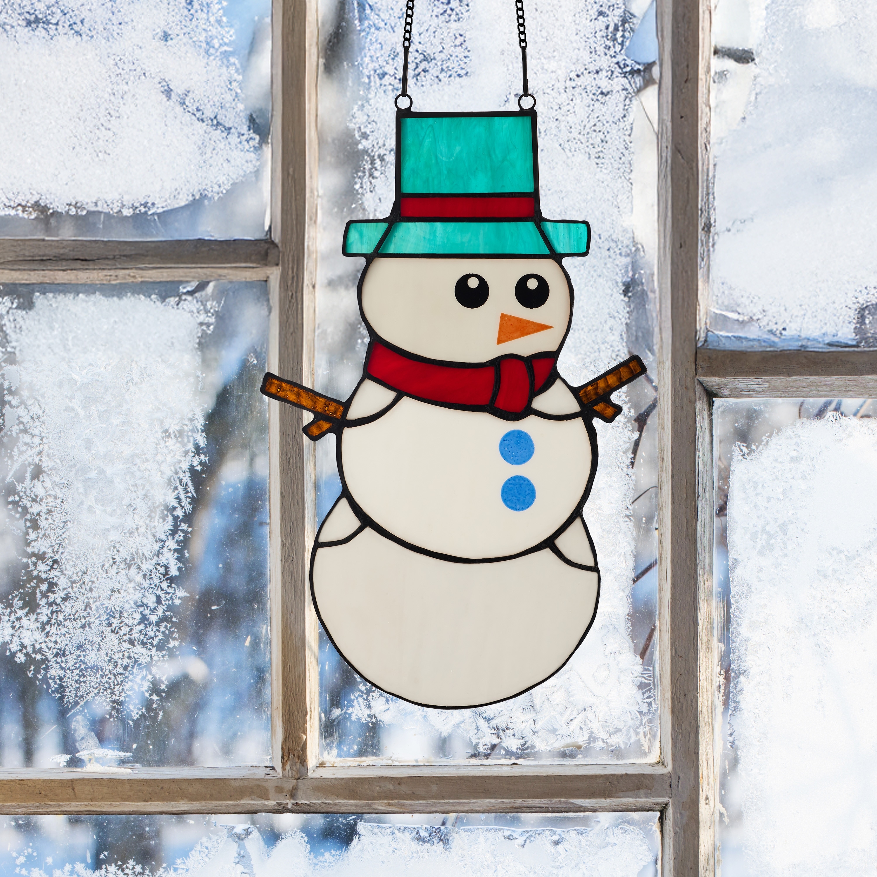 River of Goods 12-Inch Holiday Snowman Tiffany-Style Stained Glass Window Panel - 7.5" x 0.25" x 12"