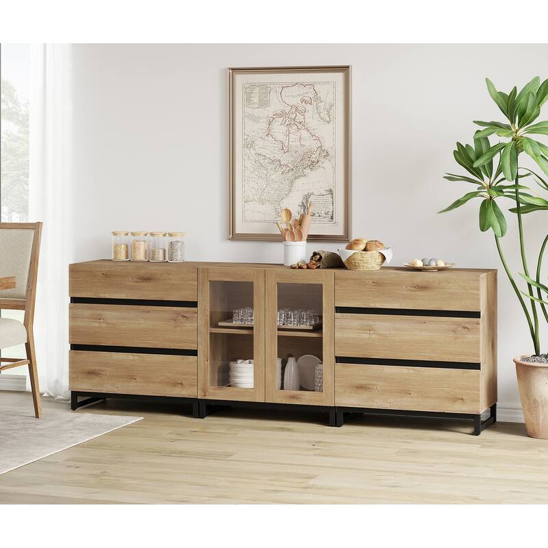 WAMPAT 3 in 1 Multifunctional Sideboard Buffet Cabinets with 6 Glass Doors, Coffee Bar Cabinet Storage Cabinet for Kitchen - 94.5 inches - Oak