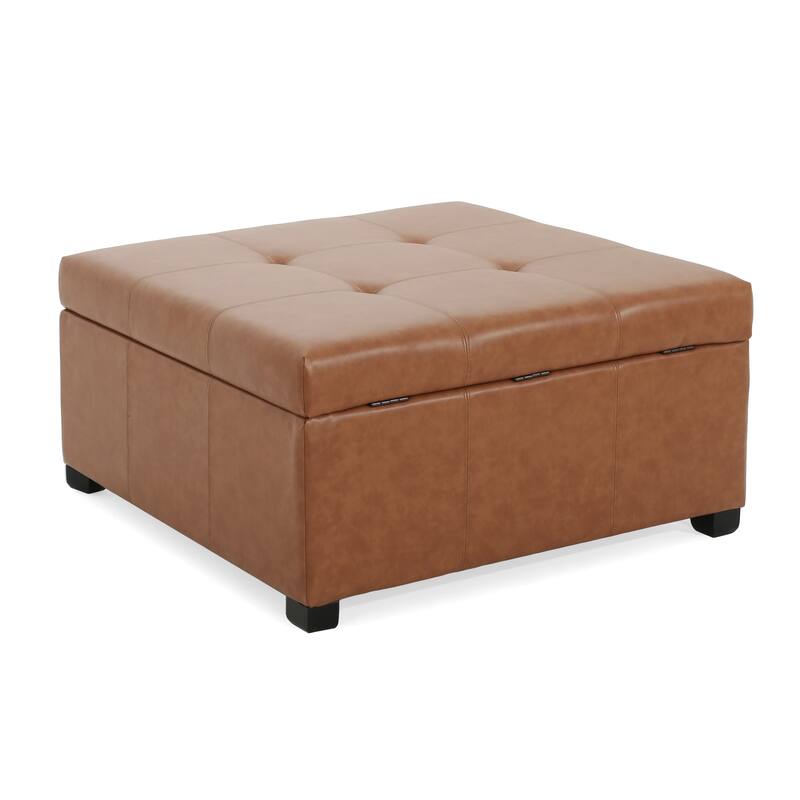 Faux Leather Tufted Storage Ottoman - Tan Multi-Functional Home Piece
