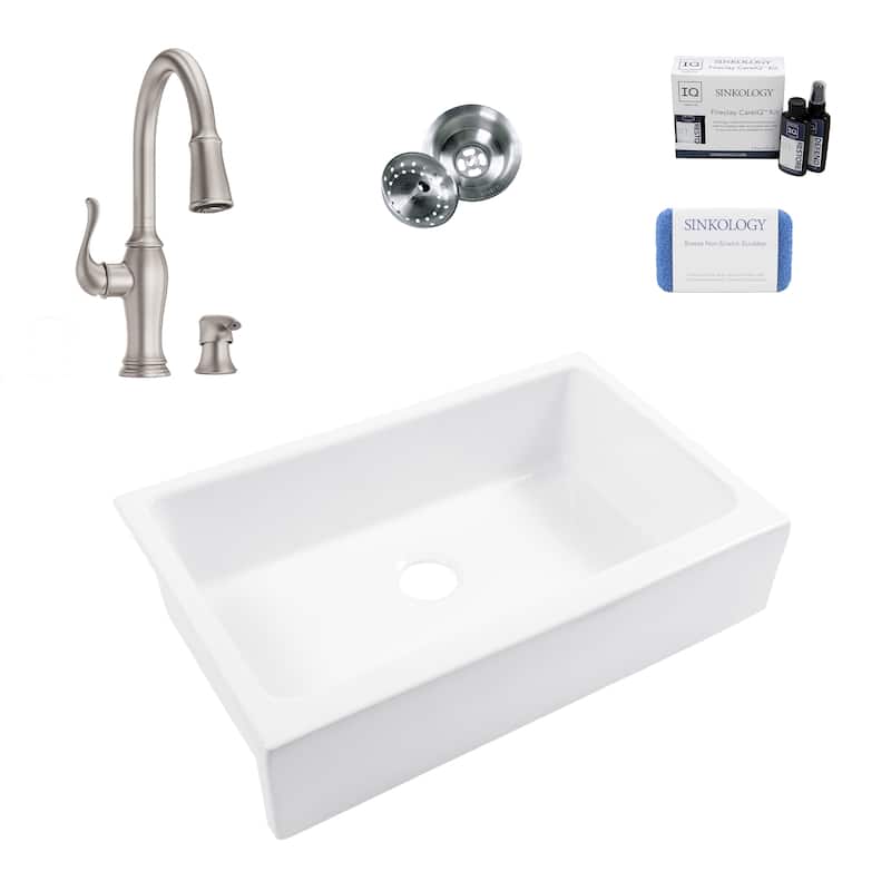 Grace Crisp White Fireclay 34″ Quick-Fit Farmhouse Apron Front Undermount Single Bowl Kitchen Sink with Maren Faucet Kit