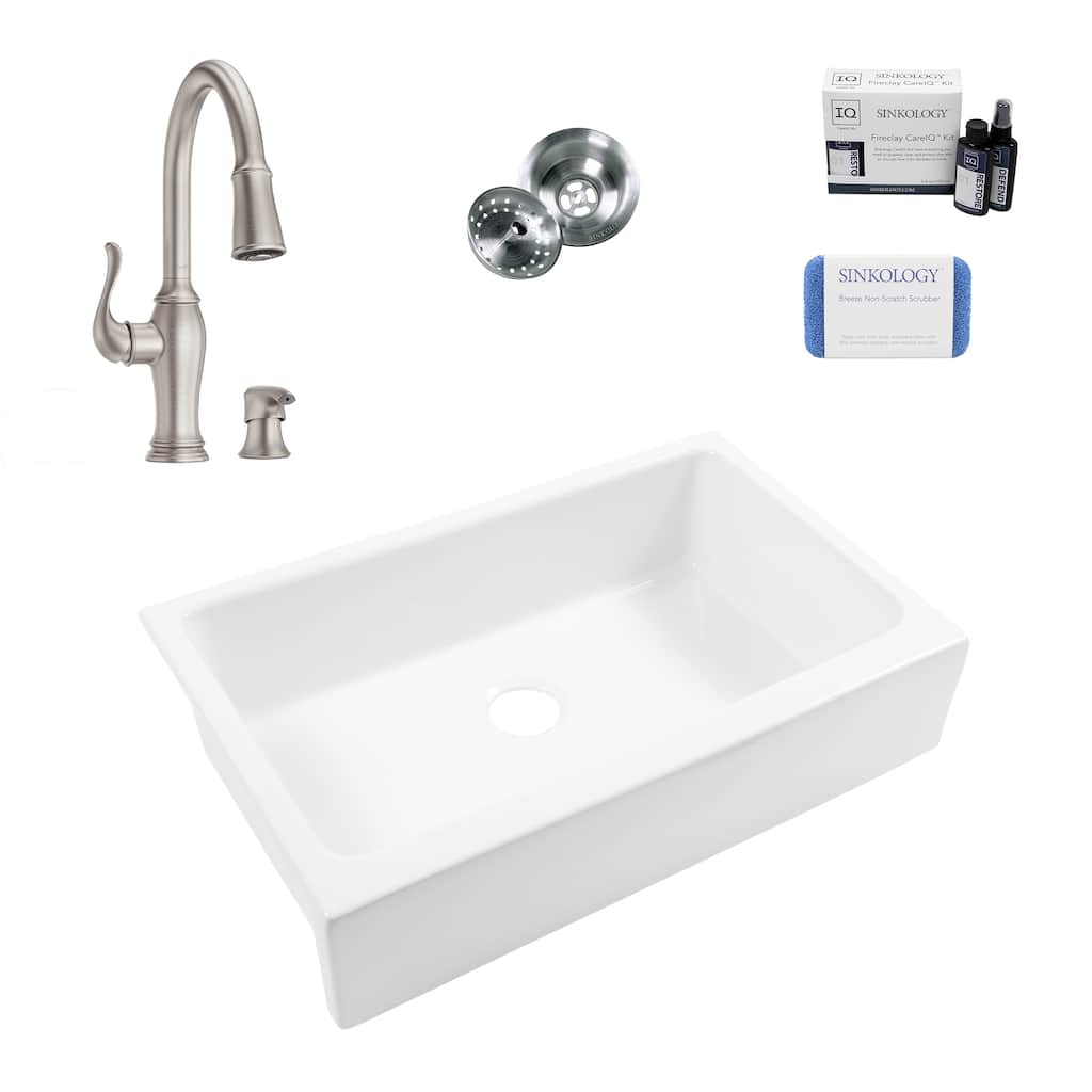 Grace Crisp White Fireclay 34″ Quick-Fit Farmhouse Apron Front Undermount Single Bowl Kitchen Sink with Maren Faucet Kit