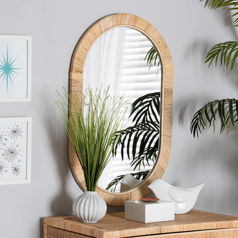 Bella Modern Bohemian Natural Brown Mahogany Wood and Natural Rattan Oval Mirror - Natural Brown