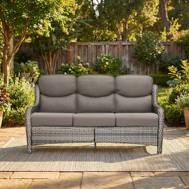 Pocassy Outdoor Wicker 3 Seat Sofa with 5 In Thick Cushion Patio Sofa - Gray Wicker Gray Cushion