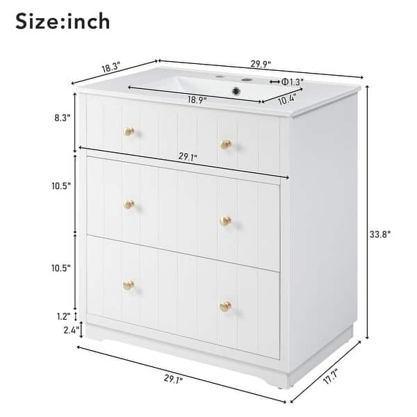 30-inch Modern White Bathroom Vanity Cabinet With Two Drawers - Bed 