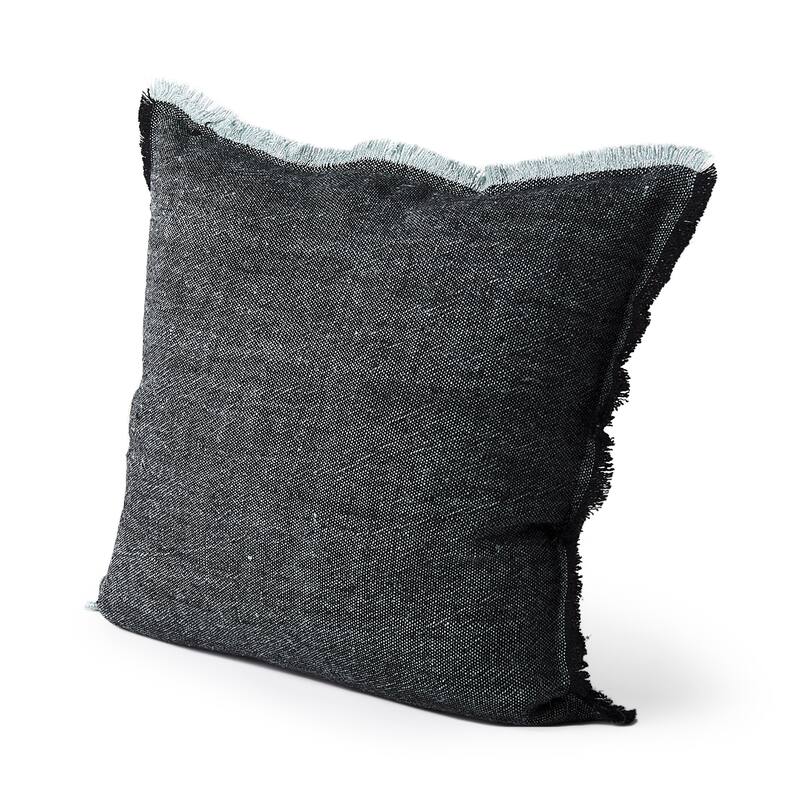 Malia Dark Gray Fabric w/ Teal Fringed Edges Pillow Cover - Accent - 20"W x 20"H