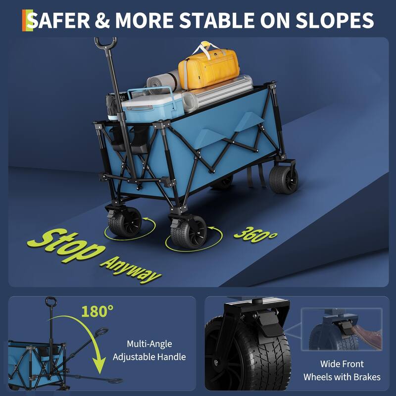 Folding All Terrain Utility Wagon Cart with Wheels and Cup Holders