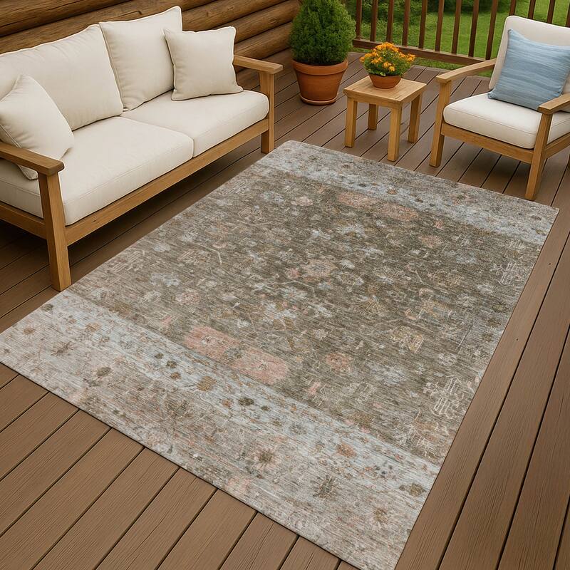 Machine Washable Indoor/ Outdoor Traditional Border Chantille Rug