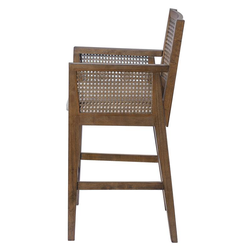 Christopher Knight Home - French Country Wood & Rattan Counter Stools with Upholstered Seat and Arms - Set of 2