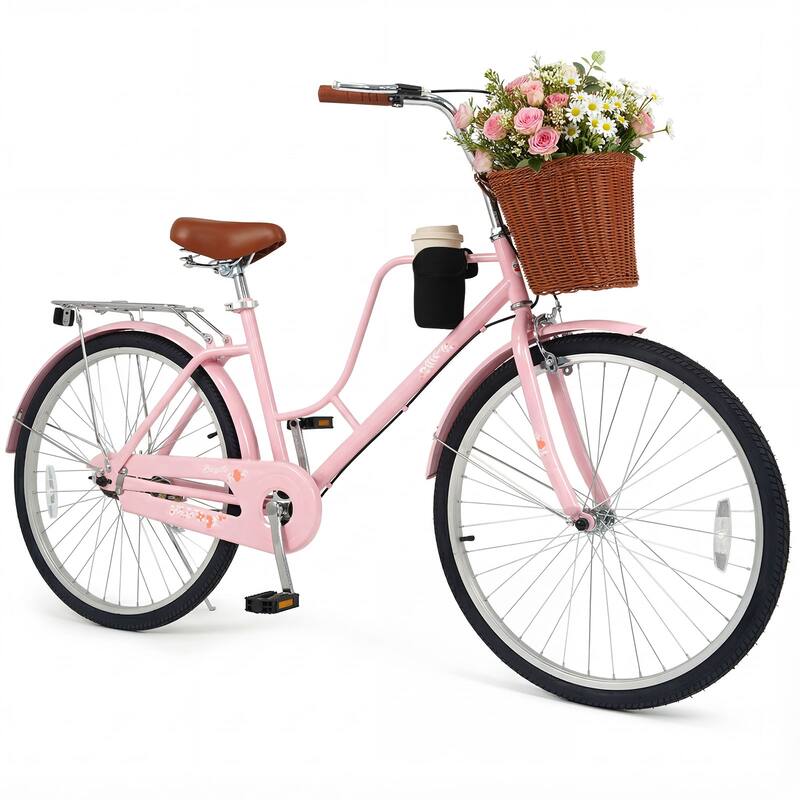 Gymax 26-Inch Beach Cruiser Bike w/Adjustable Seat Woven Basket & Rear - Pink