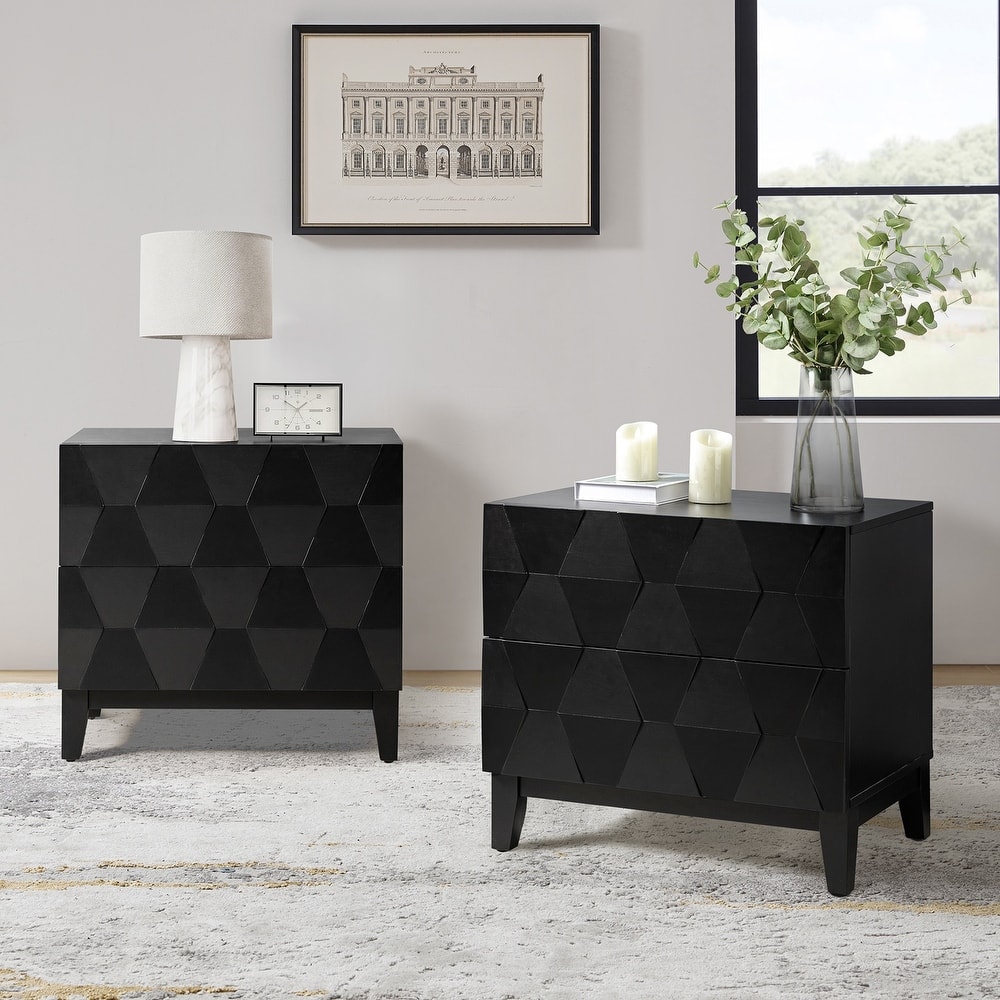 Ethe Mid-Century 2-Drawer Storage End Table with Adjustable Solid Wood legs and Charging Station Set of 2 By HULALA HOME
