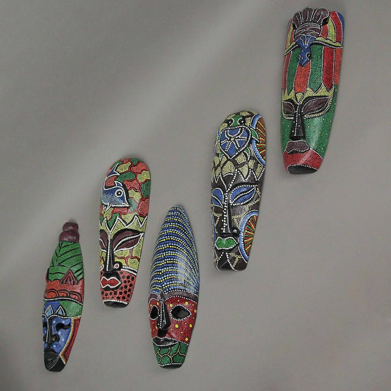 Zeckos 12 Inch Tropical Dot Painted Tribal Wood Wall Masks (Set Of 10)